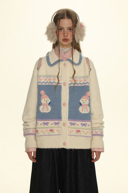 Hand-Embroidered Snowman Jacquard Cardigan Sweater