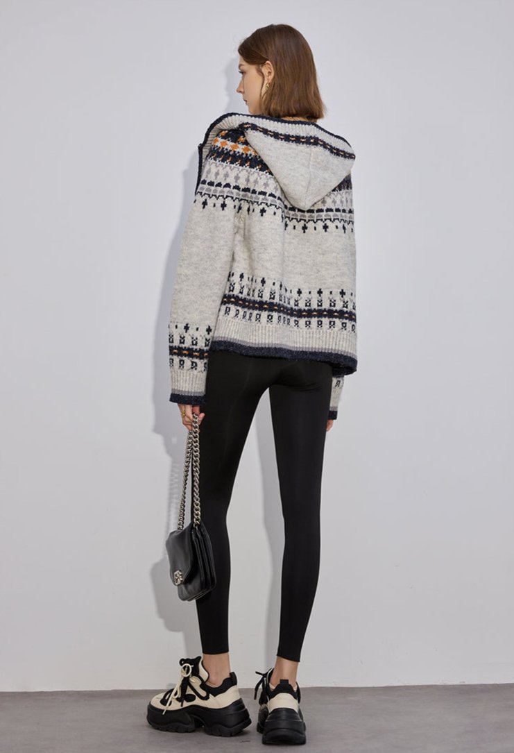 Fair Isle Button-Up Hooded Knit Cardigan Sweater