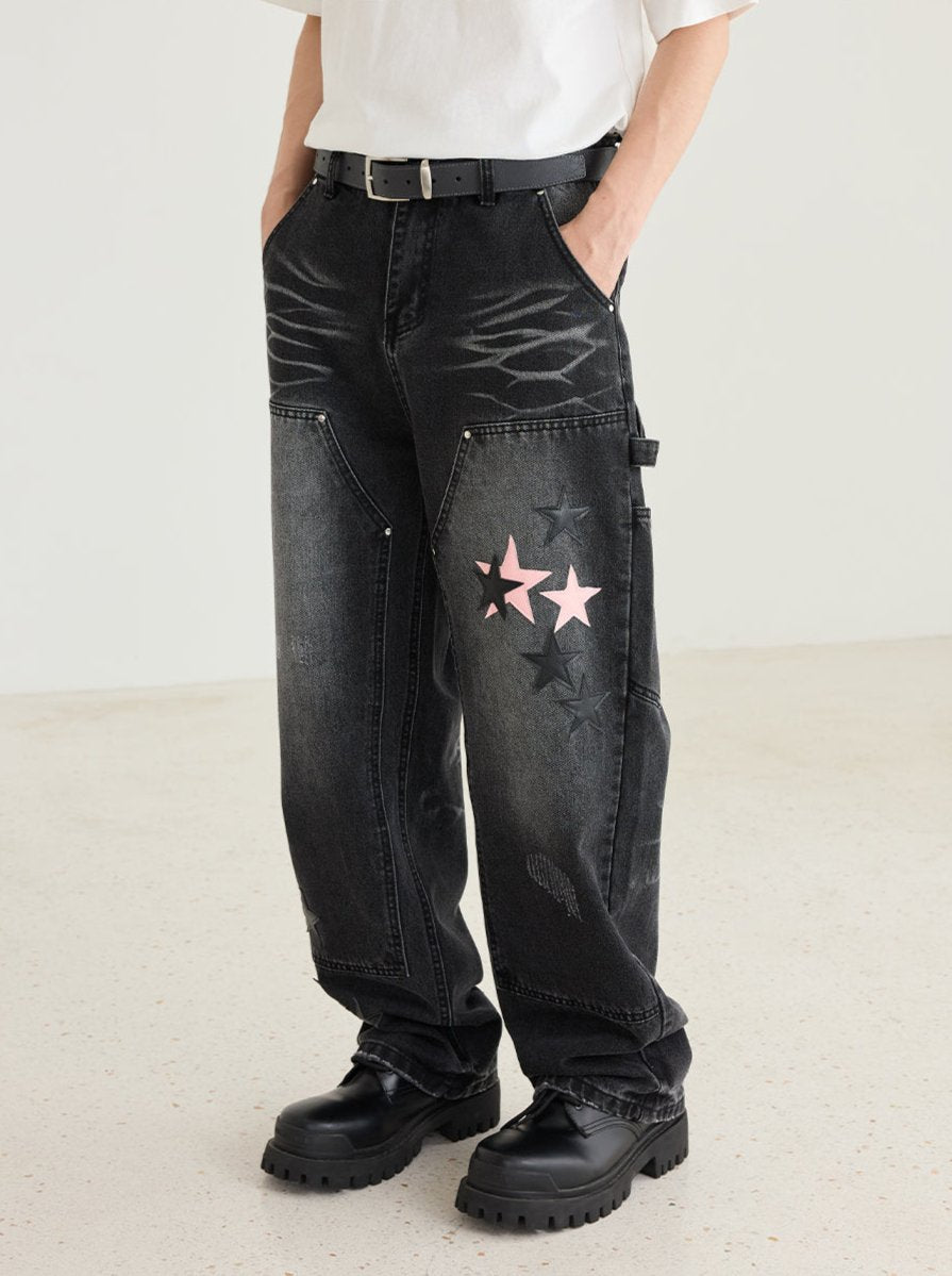 Retro Star Pattern Leather Patch Denim