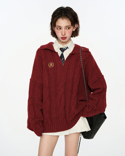 Cable Knit Polo Collar Pullover Sweater