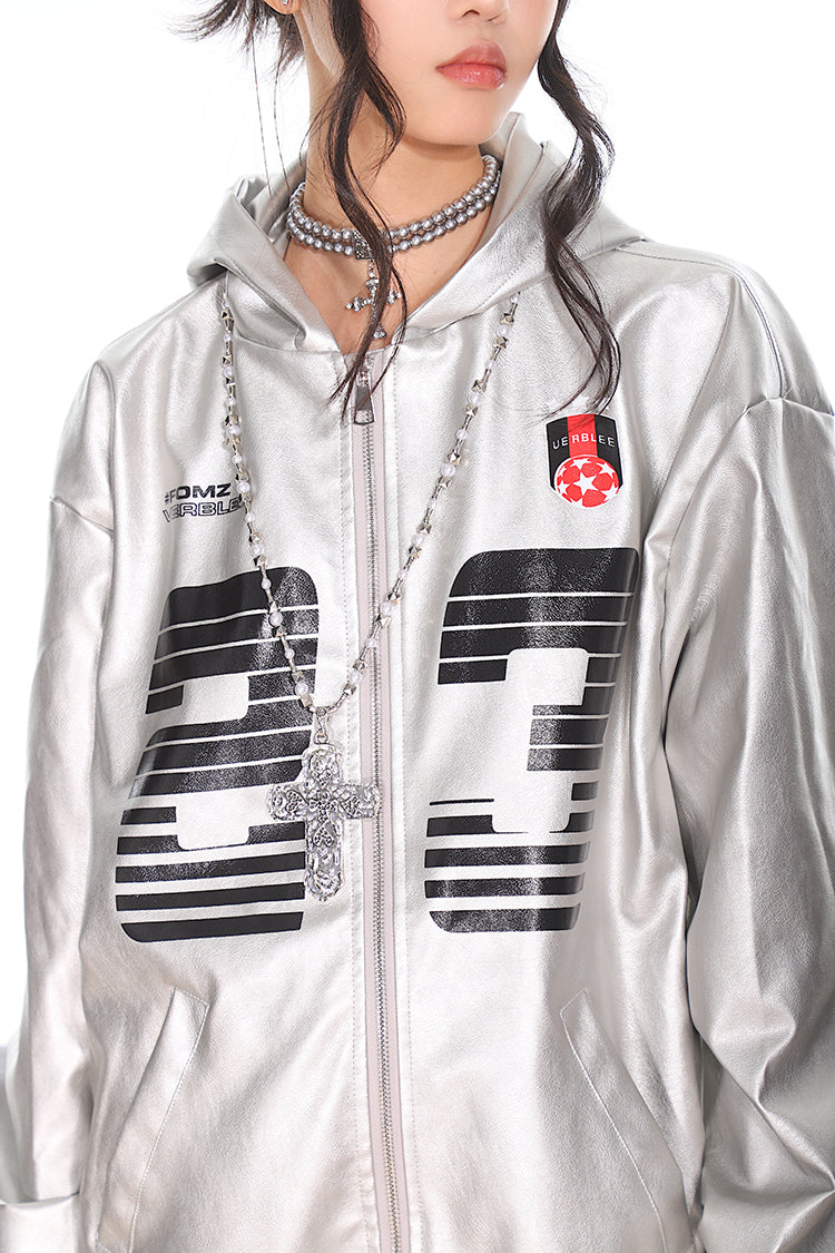 Silver PU Leather Racing Jacket