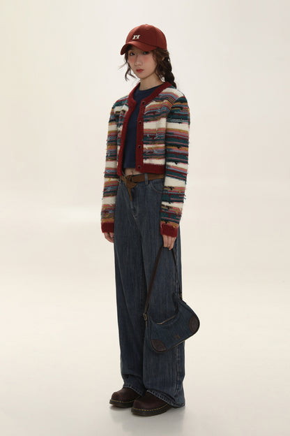 Colorblock Striped Knit Cropped Cardigan