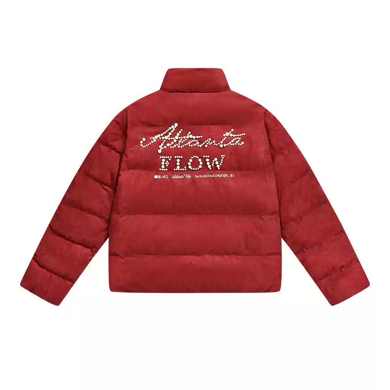 Pearl Embroidery Suede Puffer Jacket