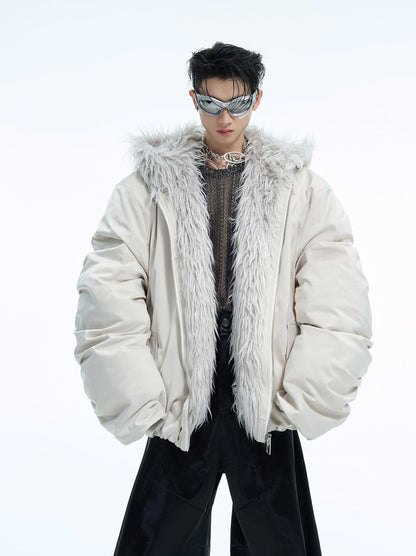 Colorblock Mountain Hawk Faux Fur Trim Hooded Puffer Jacket