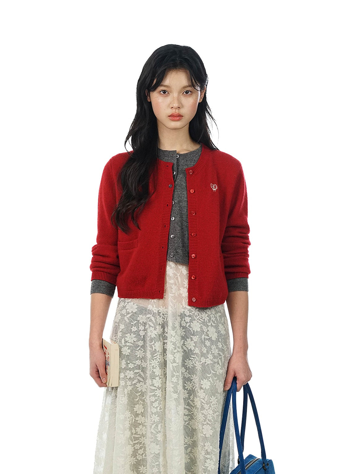 Red and Grey Color-Block Faux Layered Wool Knit Cardigan