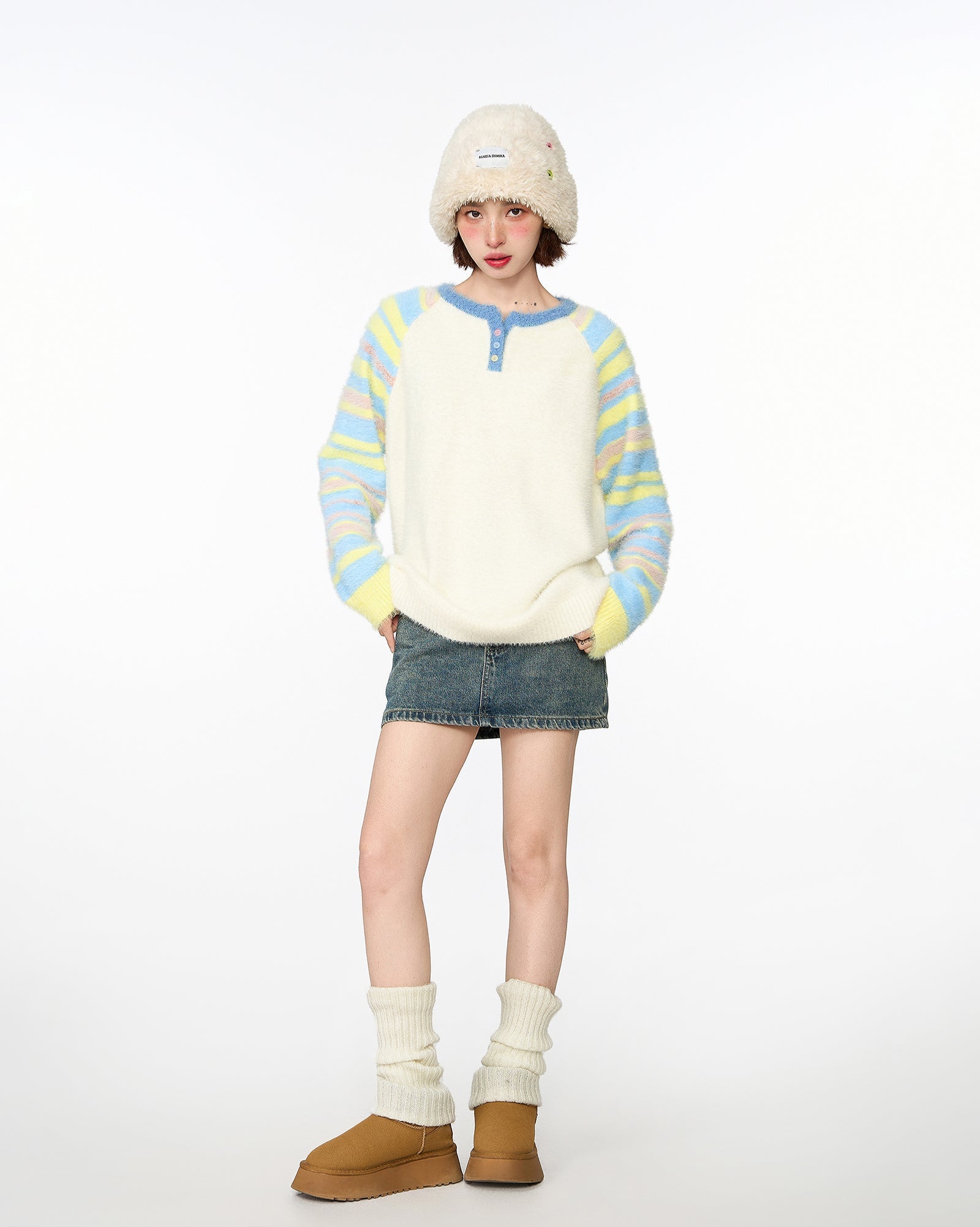 Colorful Striped Mink Fleece Knit Sweater