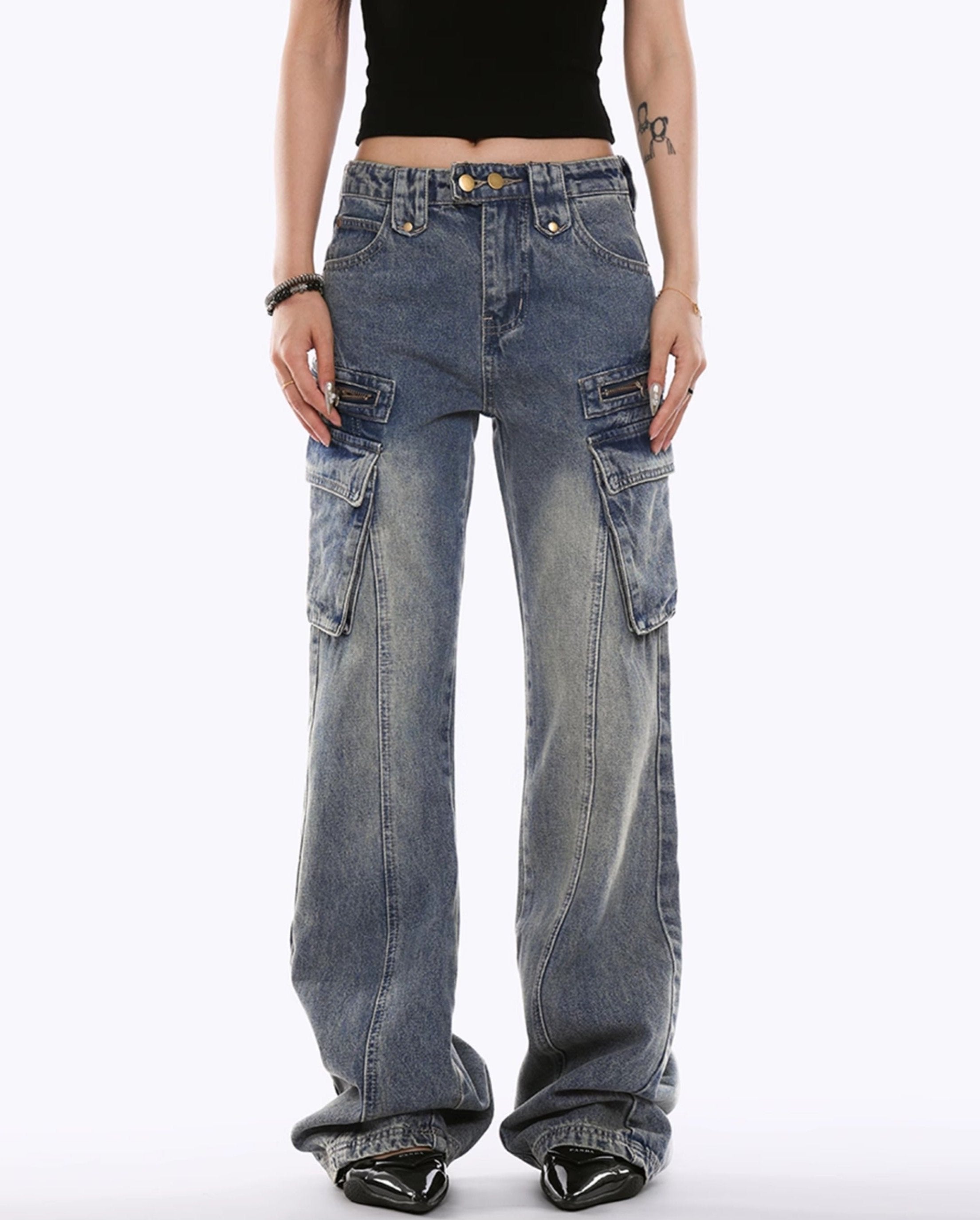 Low-Rise Side Pocket Flared Cargo Denim