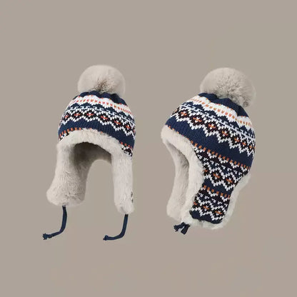 Fair Isle Fuzzy Earflaps Knit Beanie