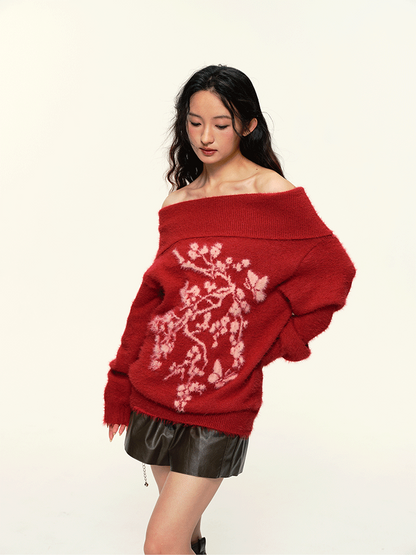 Vintage Flower Jacquard Red Off-Shoulder Sweater