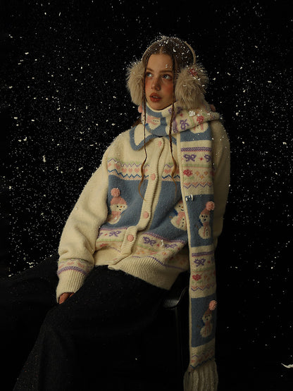 Hand-Embroidered Snowman Jacquard Cardigan Sweater