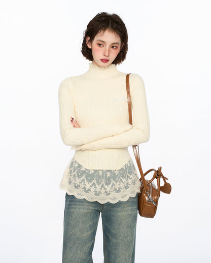 Lace Trim Mock Neck Knit Sweater