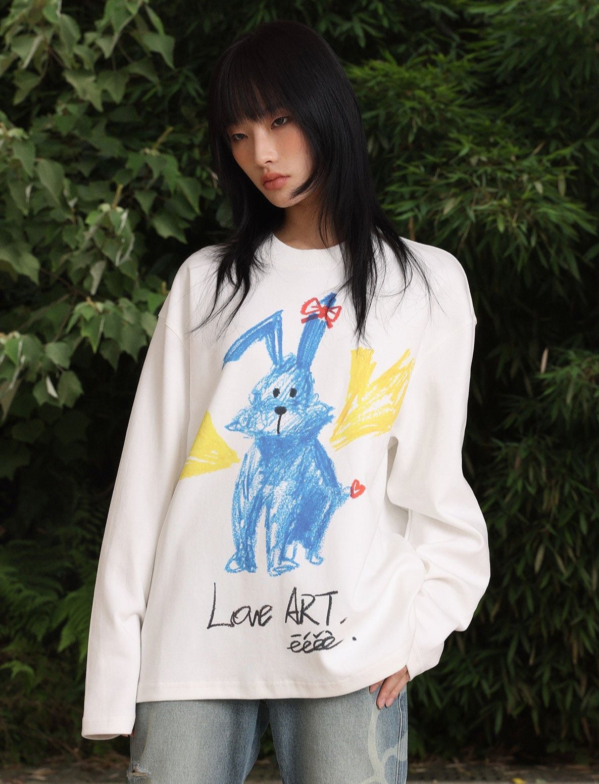 Crayon Hand-drawn Rabbit Print Heavyweight Long Sleeve Shirt