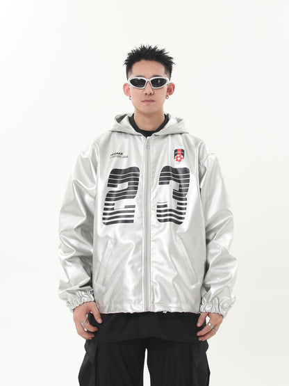 Silver PU Leather Racing Jacket