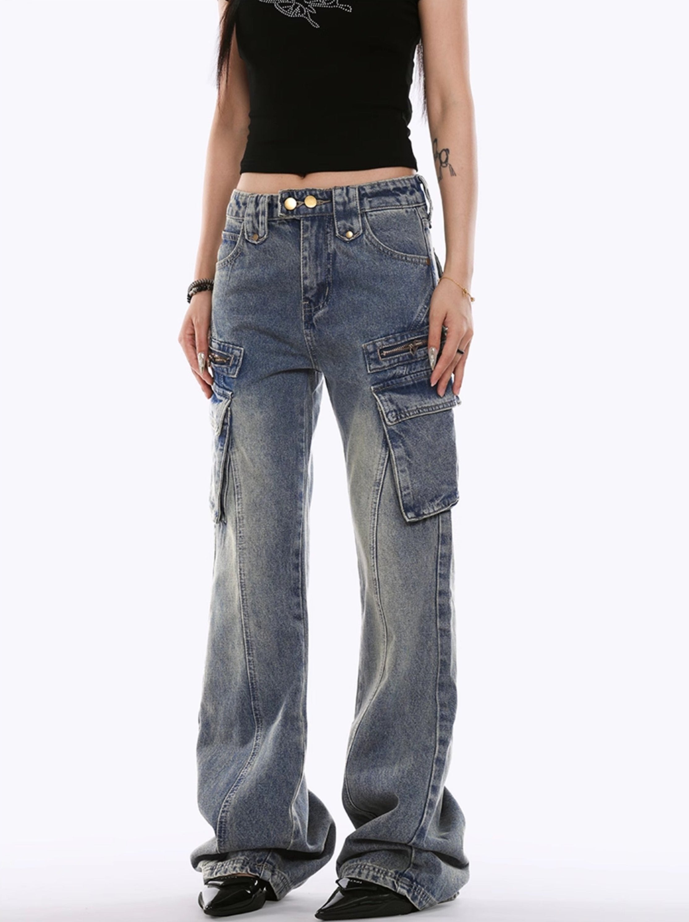 Low-Rise Side Pocket Flared Cargo Denim