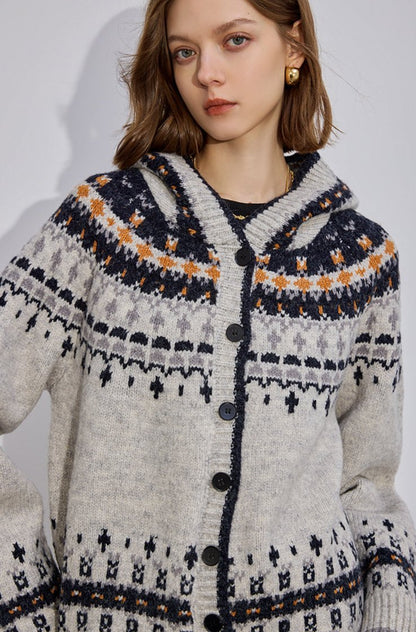 Fair Isle Button-Up Hooded Knit Cardigan Sweater