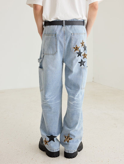 Retro Star Pattern Leather Patch Denim