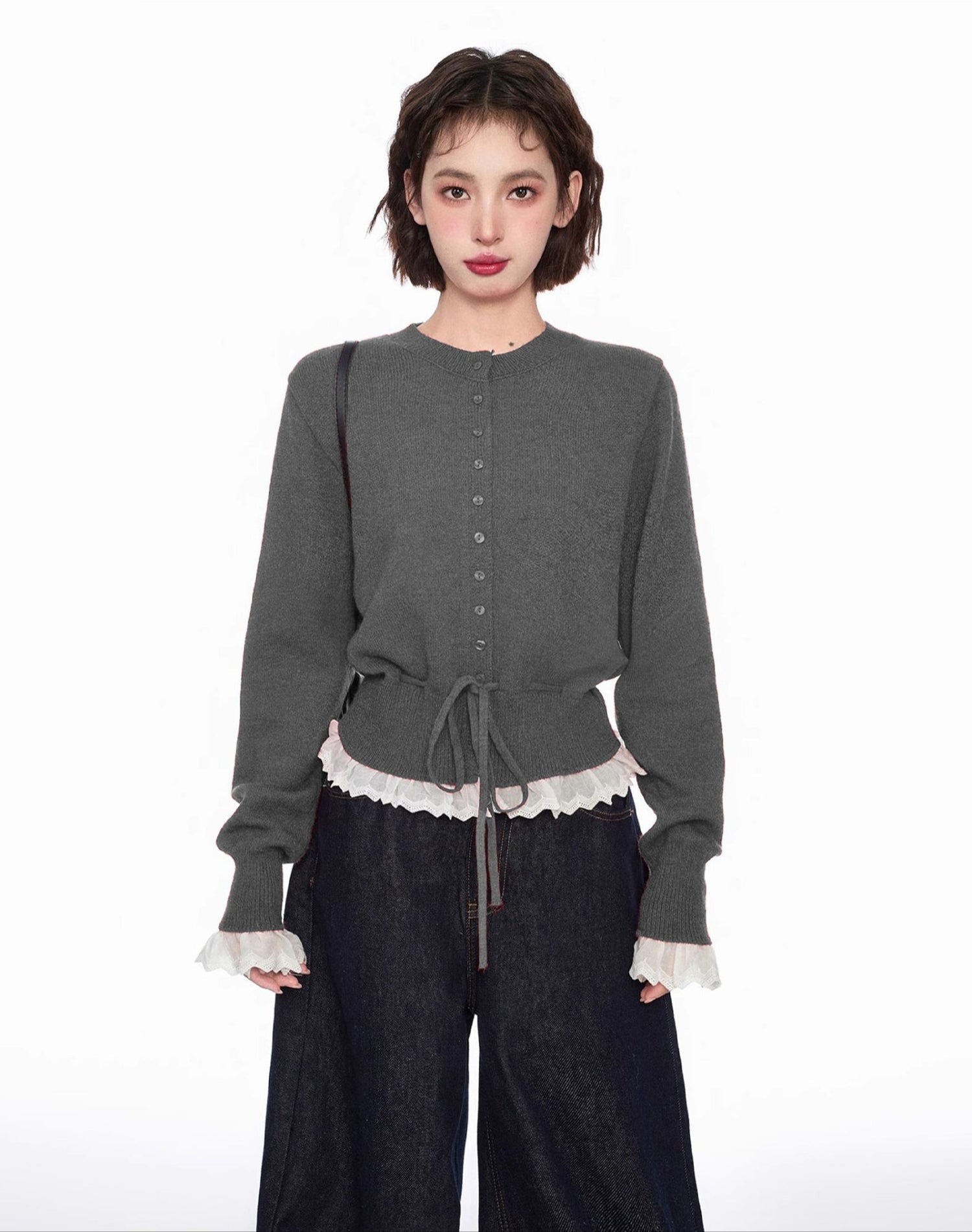 Layered Look Lace-Trimmed Crop Knit Sweater