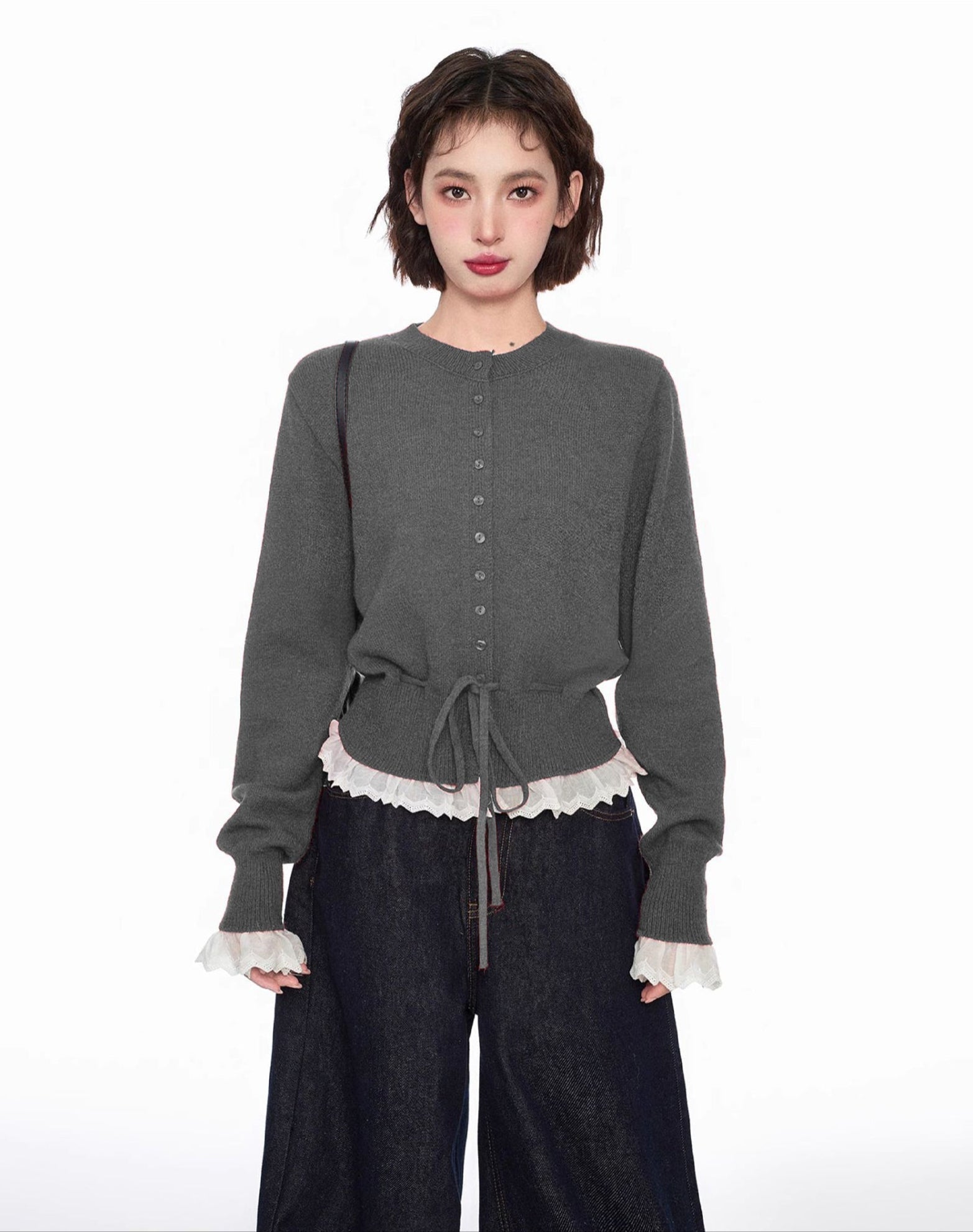 Layered Look Lace-Trimmed Crop Knit Sweater