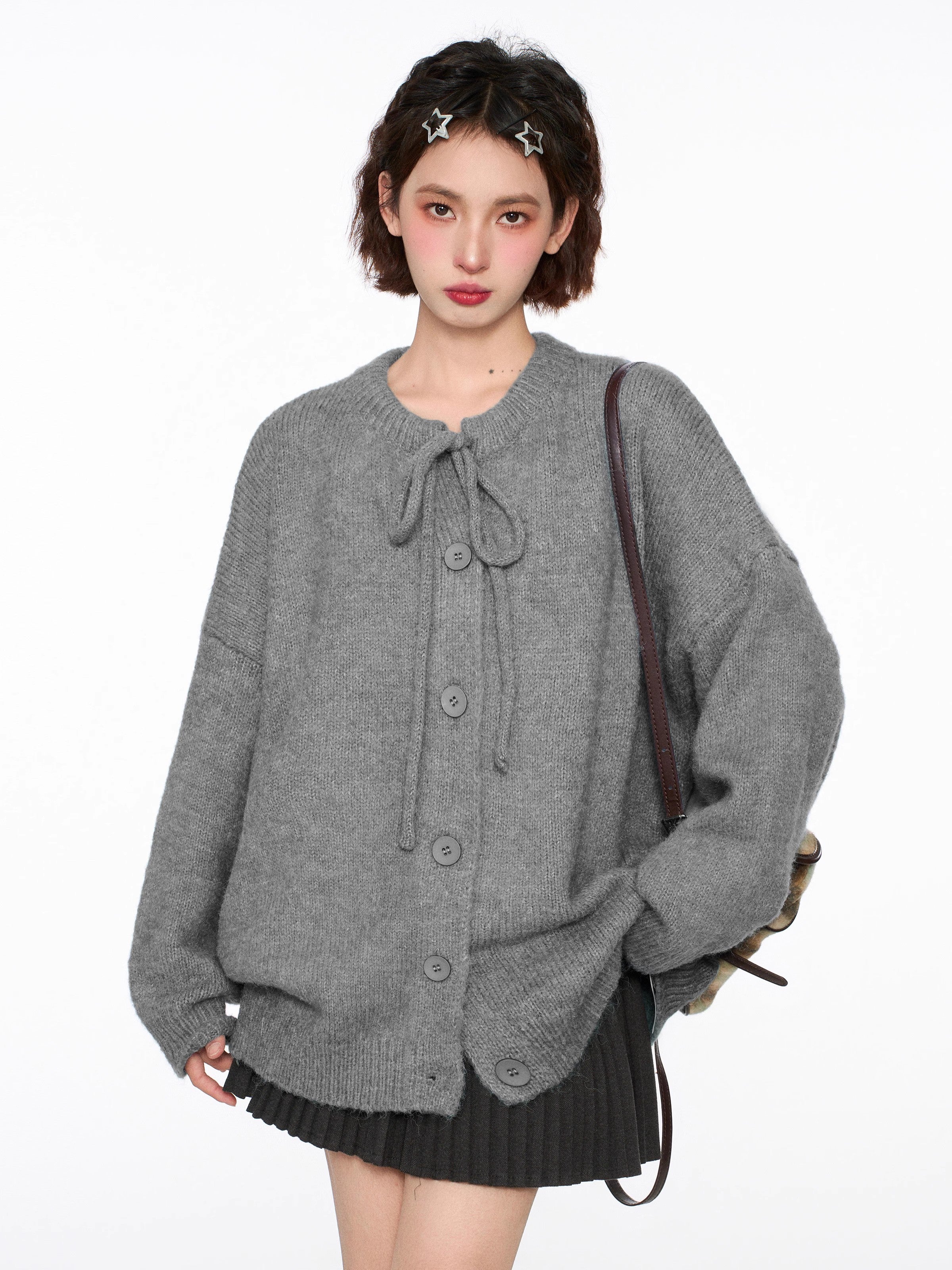 Tie-Neck Knit Cardigan Sweater