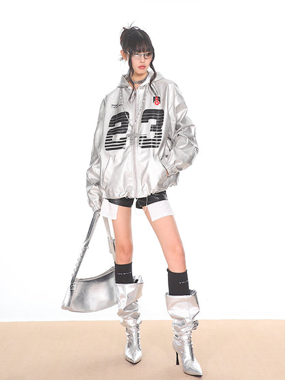 Silver PU Leather Racing Jacket