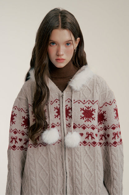 Fair Isle Bow-Print Knit Hoodie Cardigan