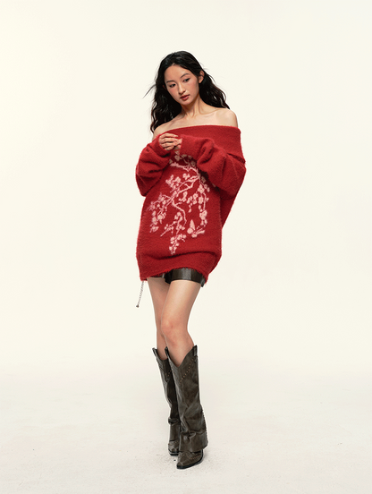 Vintage Flower Jacquard Red Off-Shoulder Sweater