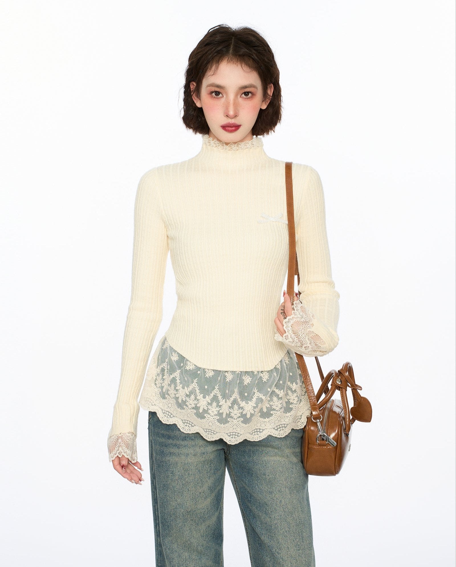 Lace Trim Mock Neck Knit Sweater