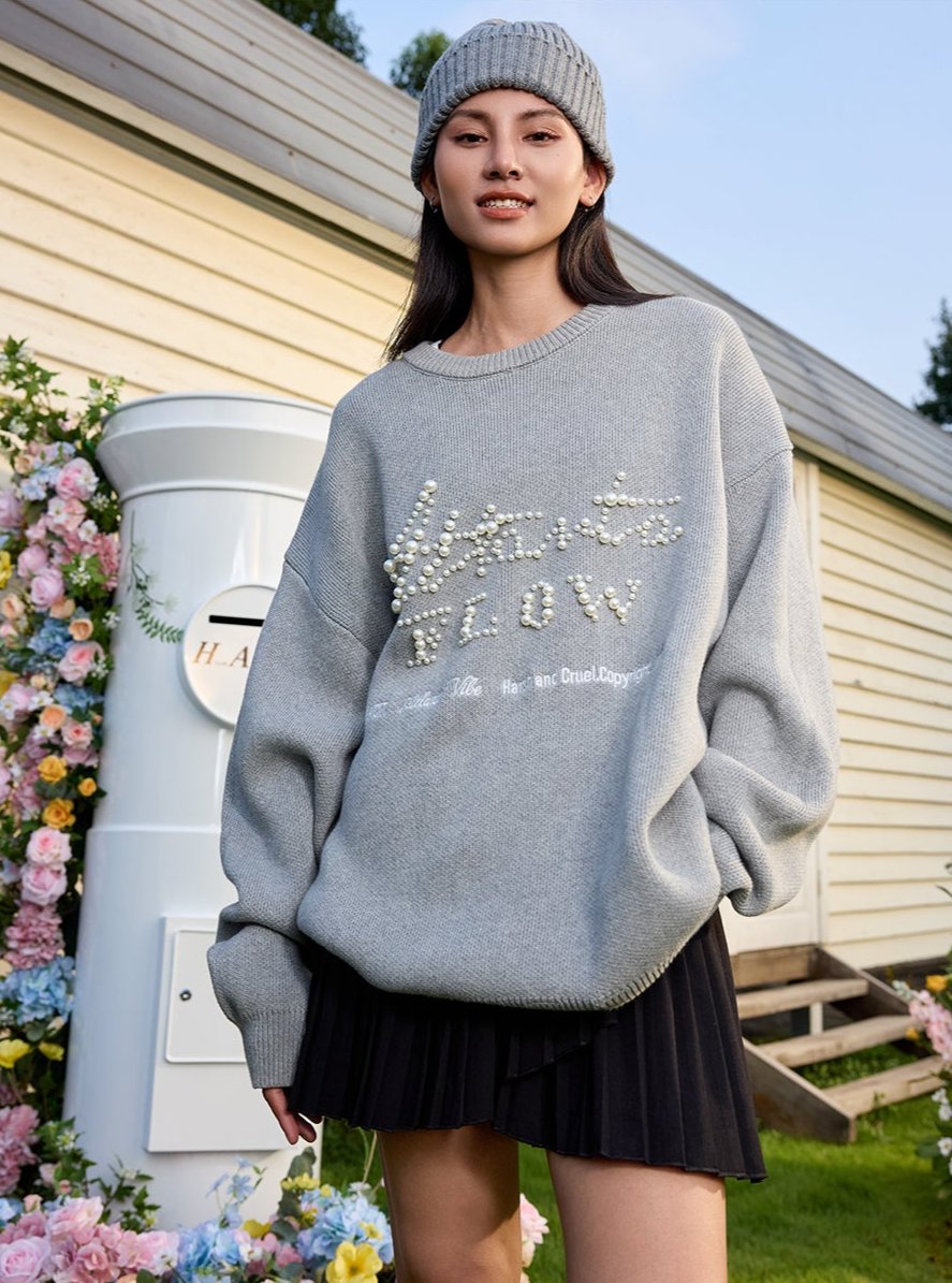 Vintage Loose Fit Street Style Pearl Embroidery Knit Sweater