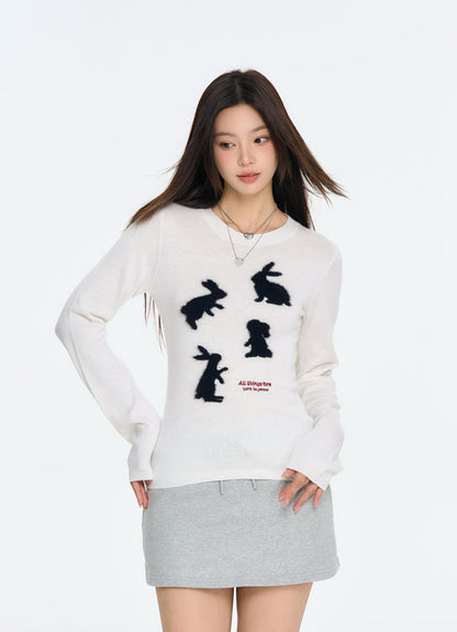 Embroidered Rabbit Mink Fleece Cropped Sweater