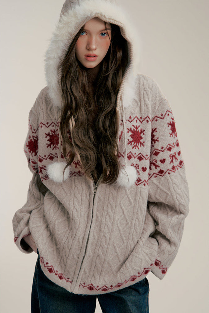 Fair Isle Bow-Print Knit Hoodie Cardigan