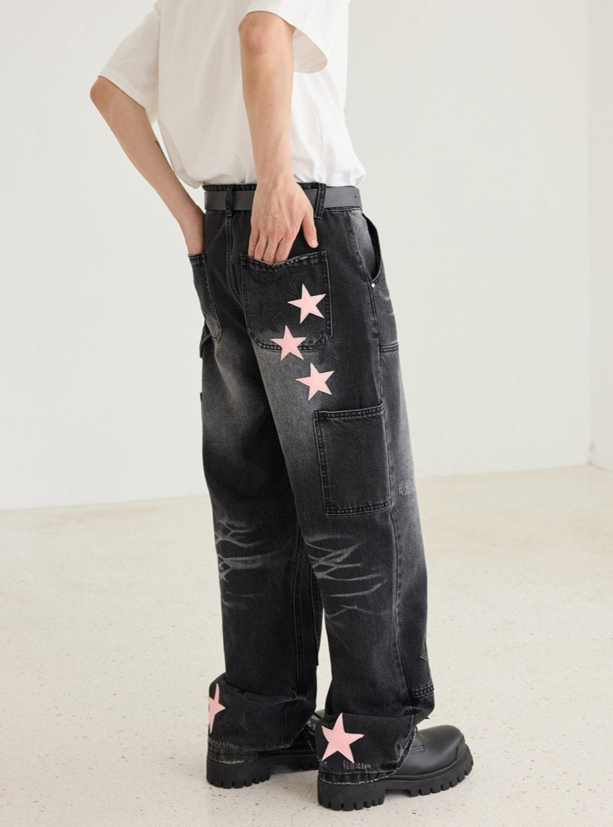 Retro Star Pattern Leather Patch Denim