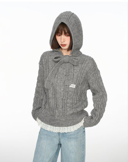 Bow-Tie Hooded Knit Sweater