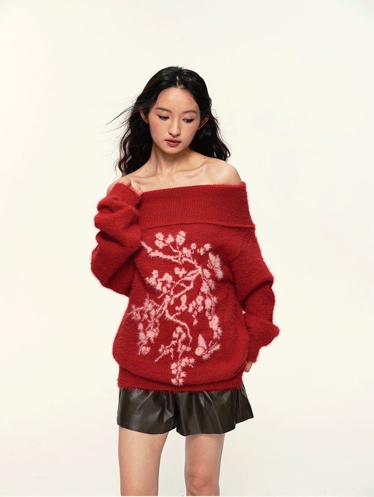 Vintage Flower Jacquard Red Off-Shoulder Sweater