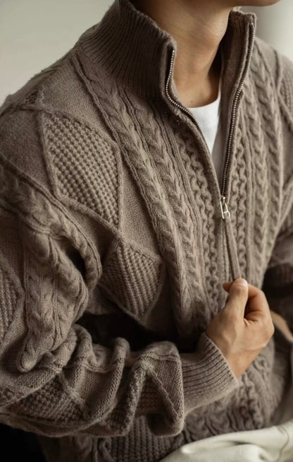 Vintage Cable Knit Half-Turtleneck Cardigan Sweater