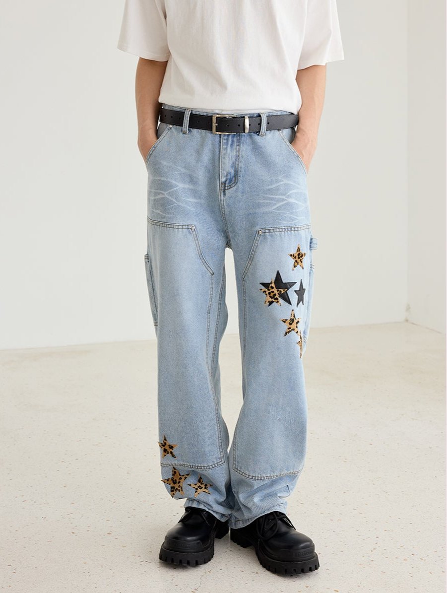 Retro Star Pattern Leather Patch Denim