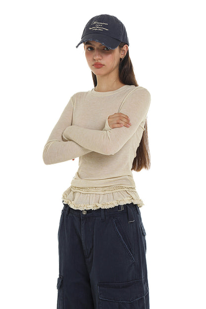 Basic Layered Ruffle Hem Fitted Long Sleeve T-Shirt