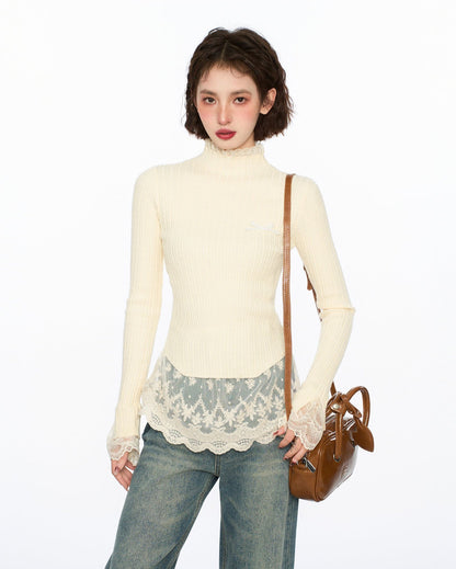 Lace Trim Mock Neck Knit Sweater