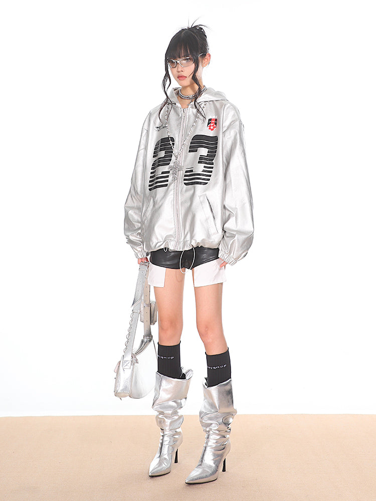 Silver PU Leather Racing Jacket