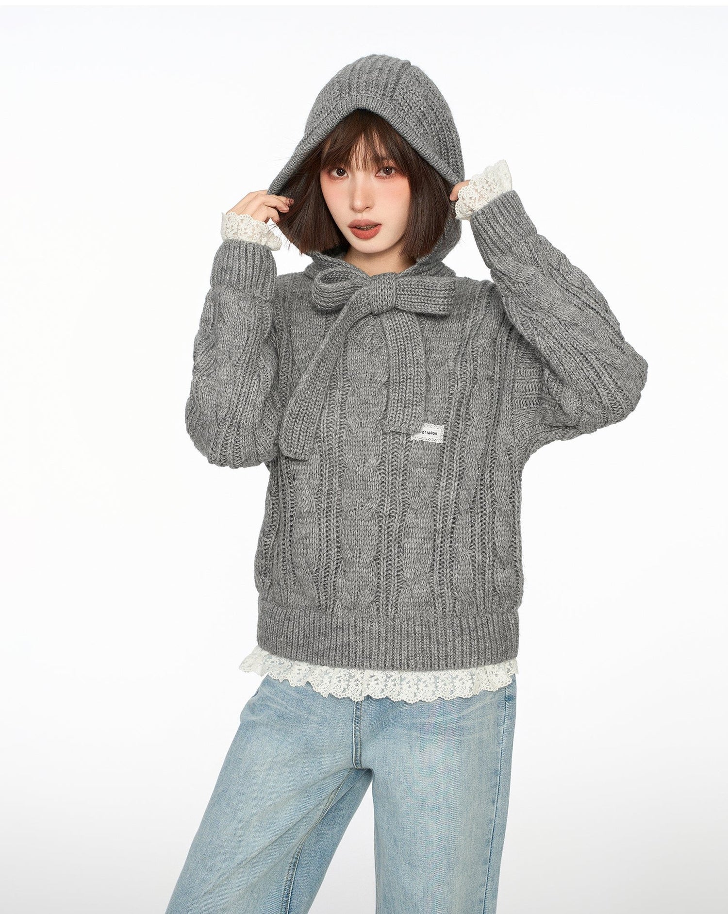 Bow-Tie Hooded Knit Sweater