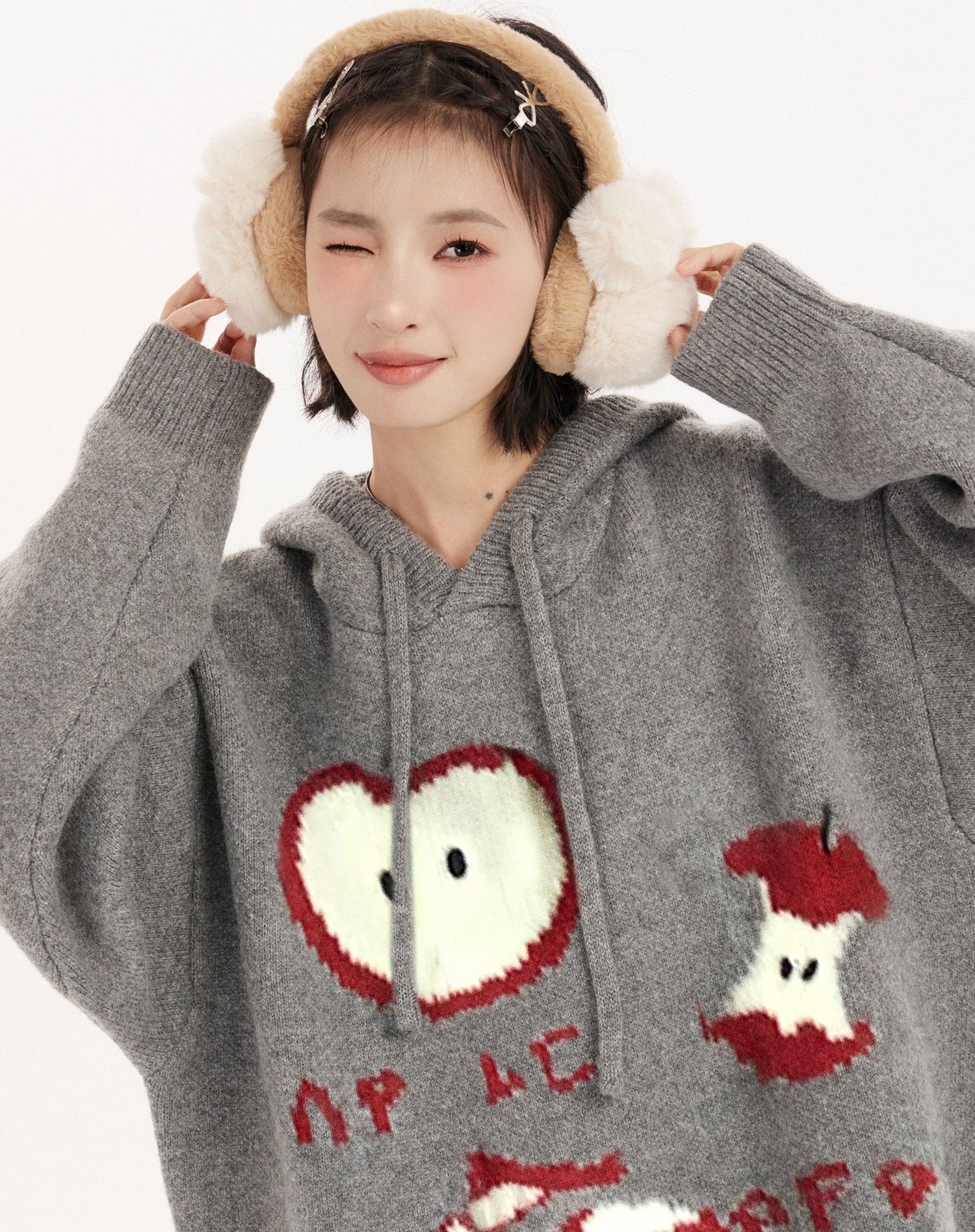 Apple Graphic Knit Hoodie Sweater