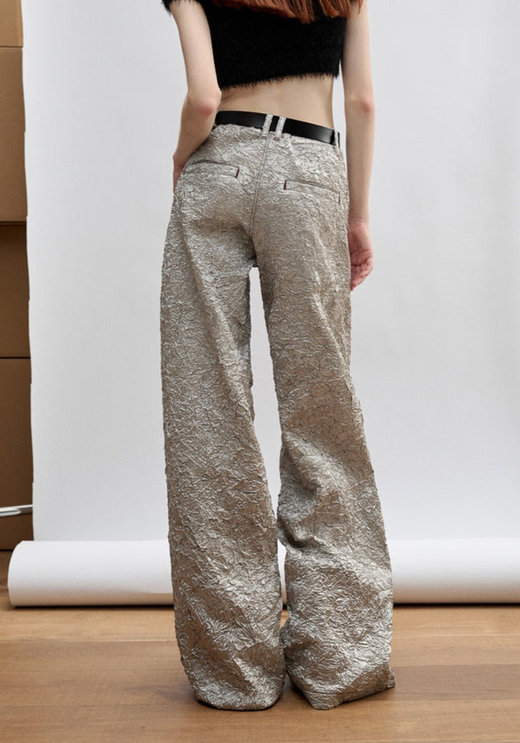 Silver Glossy Crinkle Wide-Leg Pants