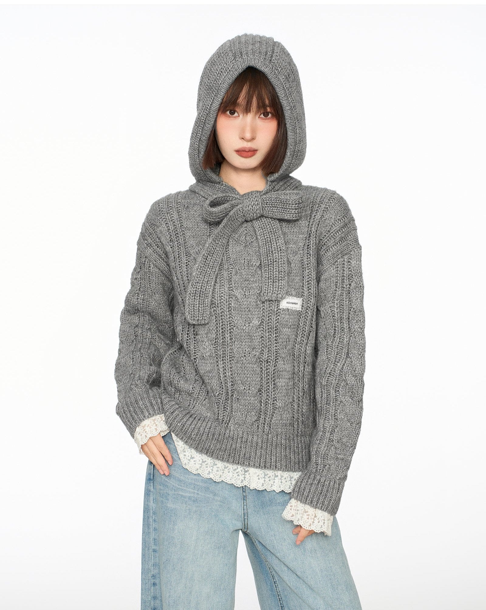 Bow-Tie Hooded Knit Sweater