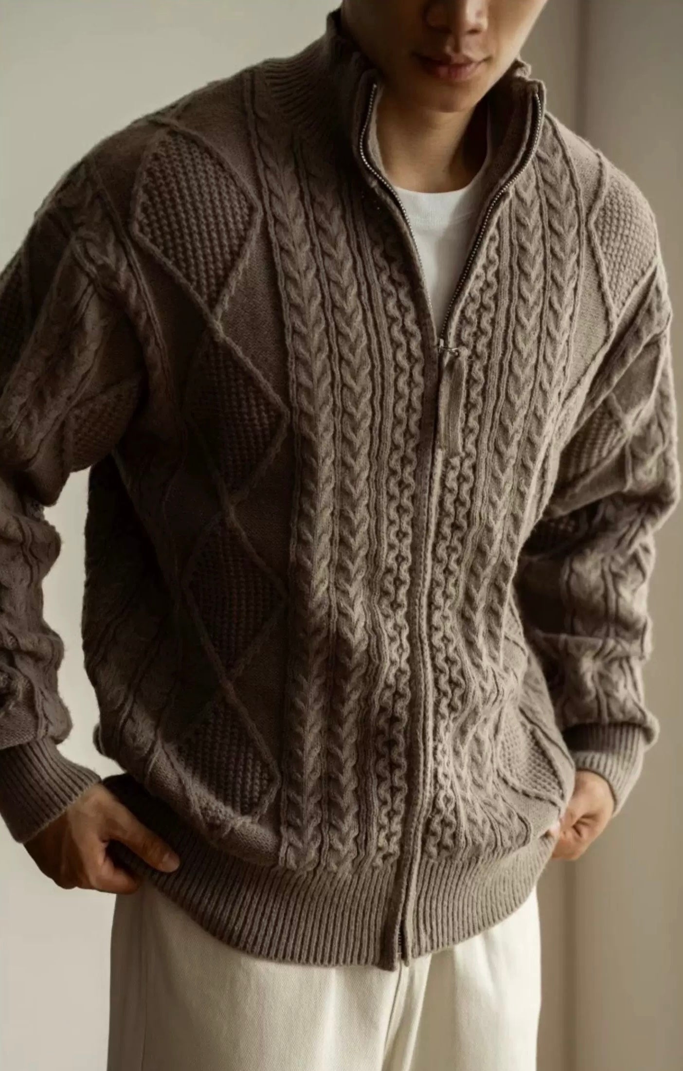 Vintage Cable Knit Half-Turtleneck Cardigan Sweater