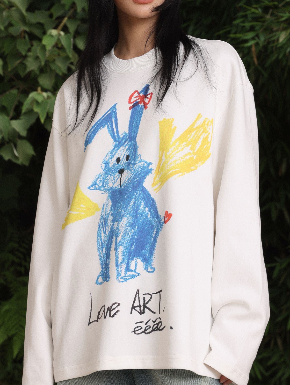 Crayon Hand-drawn Rabbit Print Heavyweight Long Sleeve Shirt