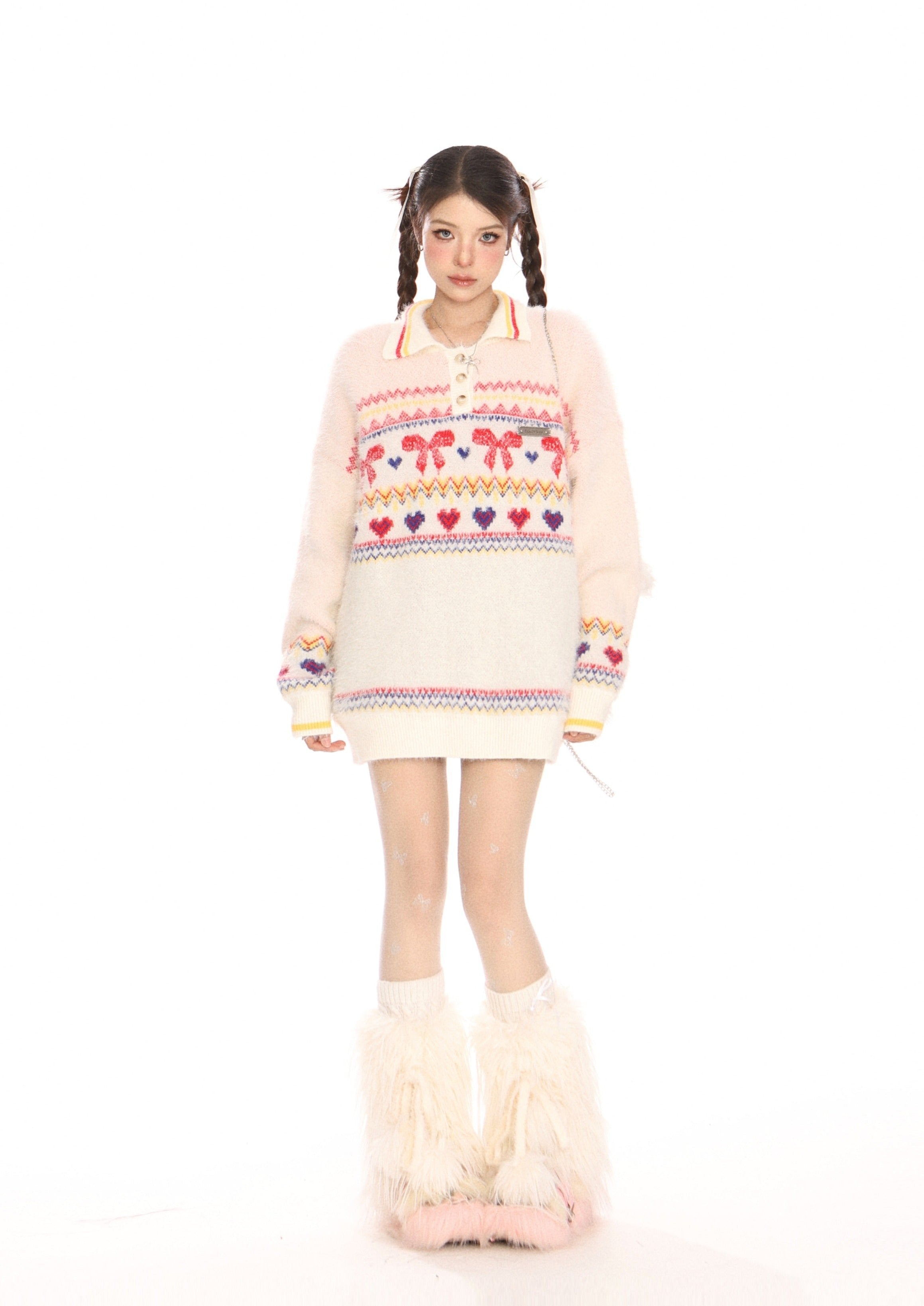 Retro Collared Mohair Heart Bow Knit Sweater