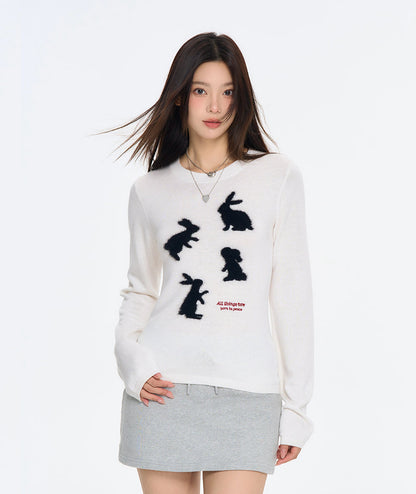 Embroidered Rabbit Mink Fleece Cropped Sweater