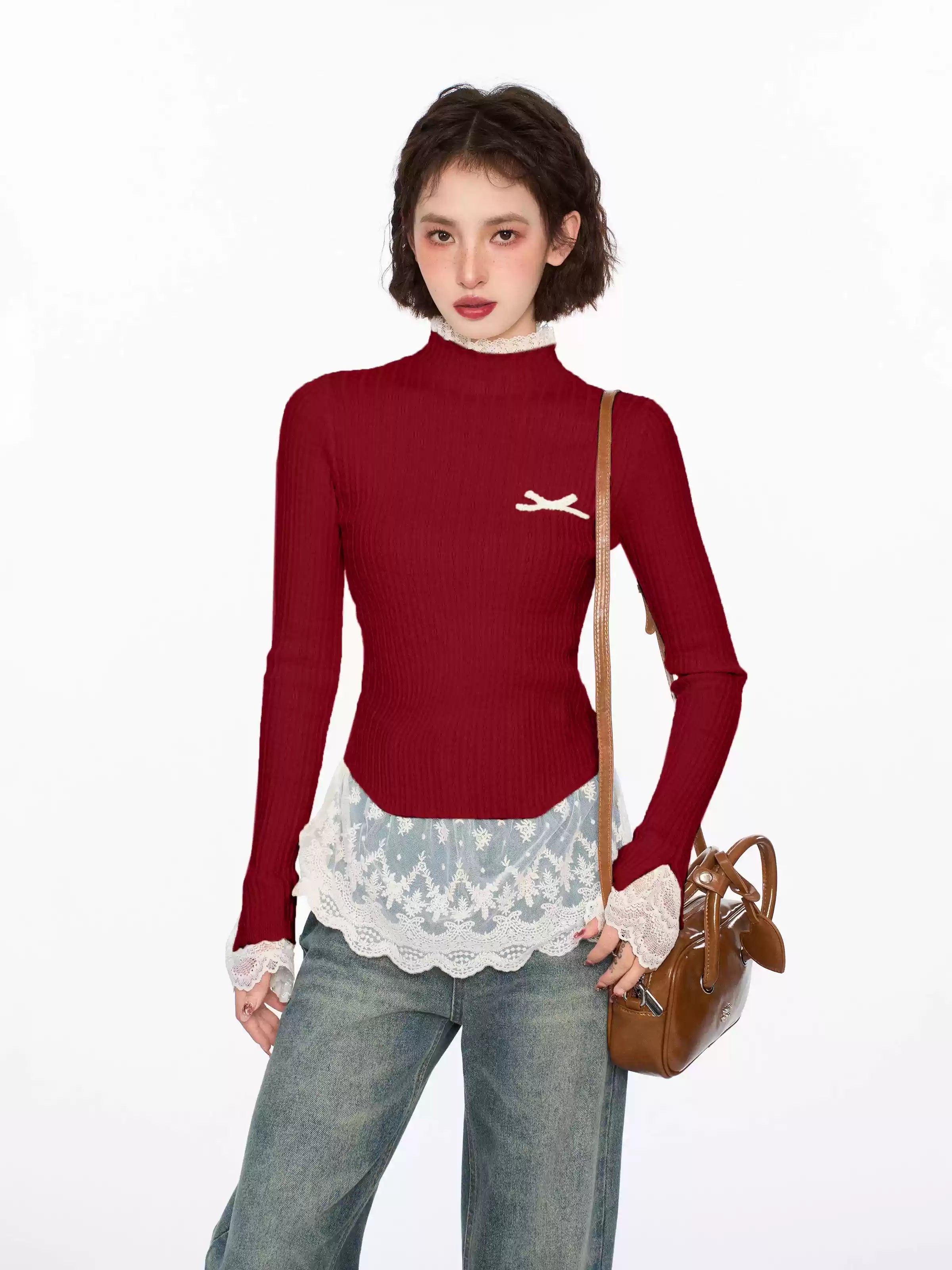 Lace Trim Mock Neck Knit Sweater