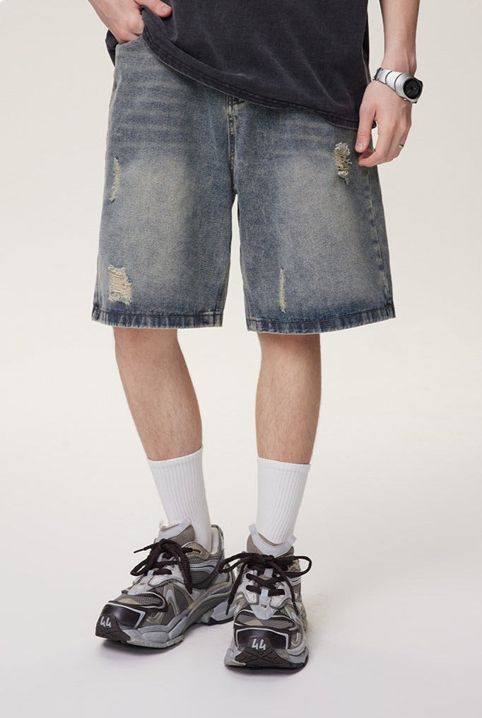 Distressed Straight-Leg Denim Shorts