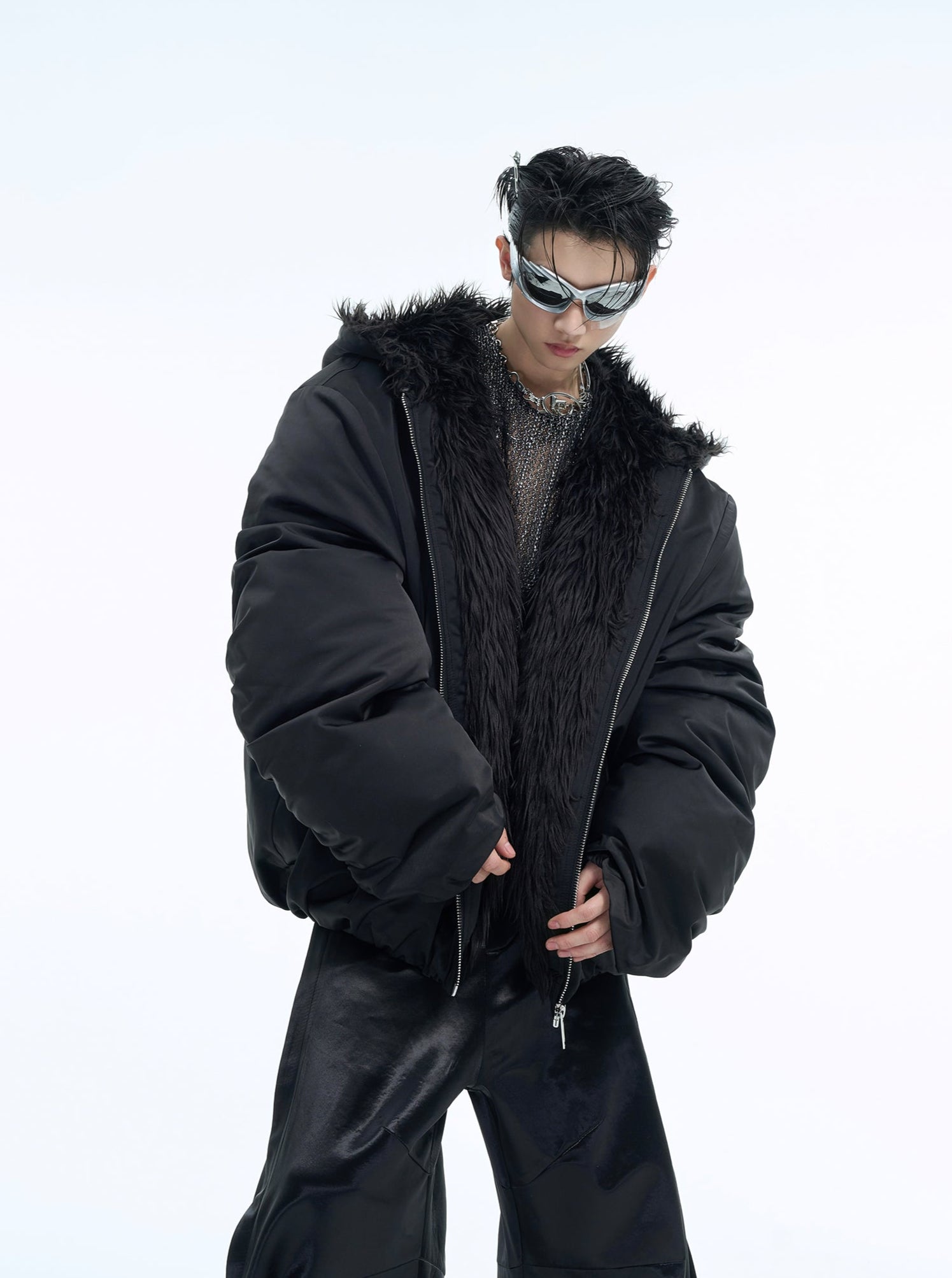 Colorblock Mountain Hawk Faux Fur Trim Hooded Puffer Jacket