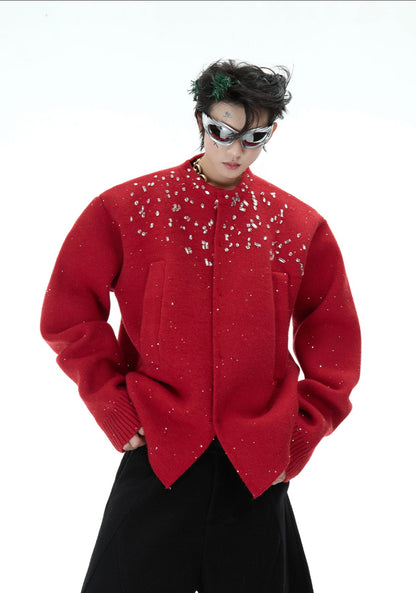 Rhinestone-Embellished Knit Cardigan Jacket